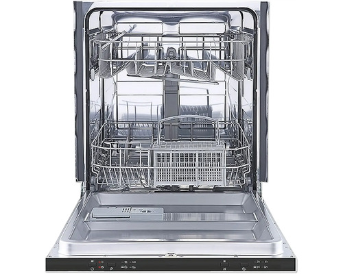 Geöffneter Geschirrspüler mit Besteckkörben und Geschirrkörben.