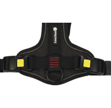 Vue détaillée d'un harnais pour chien noir avec le logo Bezztees et des boucles jaunes