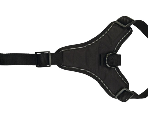 Harnais noir pour chien avec anneau en D et sangles réglables.