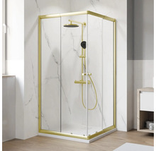 Cabine de douche d'angle avec robinetterie de douche et cadre doré devant un mur blanc