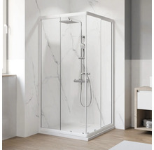 Eckdusche mit Schiebetüren und Duscharmatur im Badezimmer