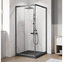 Duschkabine mit schwarzem Rahmen und Duschsystem