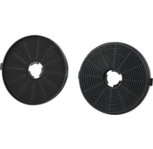 Deux filtres à charbon actif ronds pour hottes aspirantes, un filtre avec structure en grille et un filtre avec surface en feutre.