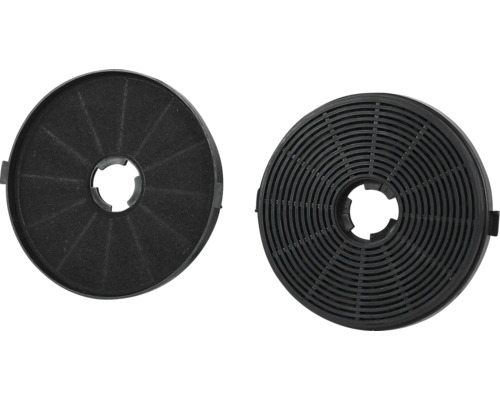 Deux filtres à charbon actif ronds pour hottes aspirantes, un filtre avec structure en grille et un filtre avec surface en feutre.