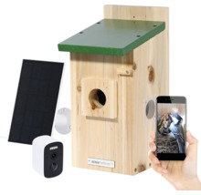 Vogelhaus mit Solarpanel, Kamera und Smartphone-Ansicht der Vogelfamilie