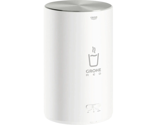 Chauffe-eau cylindrique Grohe Red en métal avec logo Grohe et interrupteur pour marche, arrêt et mode vacances.