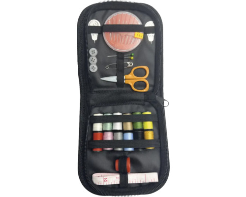 Kit de couture avec aiguilles, fil, ciseaux et mètre ruban dans une trousse zippée