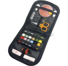 Set de couture dans une trousse à fermeture éclair avec aiguilles, fils, boutons et ciseaux