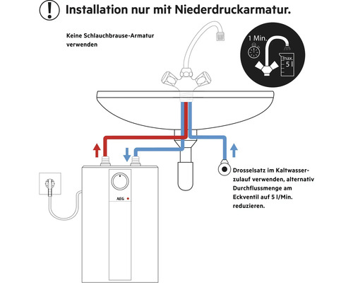 Installationshinweis für Niederdruckarmatur mit Durchlauferhitzer von AEG