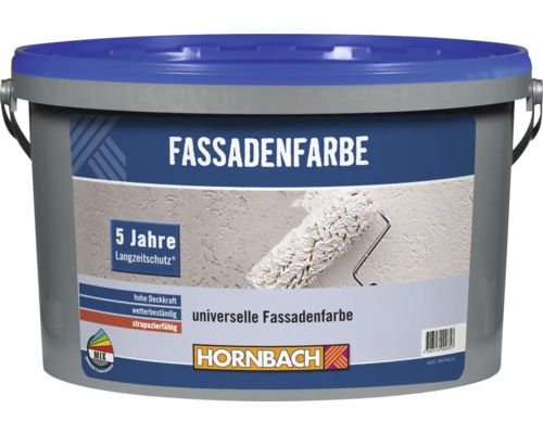 Kunststoffeimer mit universeller Fassadenfarbe für den Außenbereich mit 5 Jahren Langzeitschutz und Hornbach Logo
