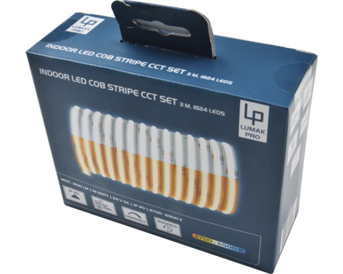 Emballage d'un set de bandes LED COB CCT d'intérieur Lumak Pro, 3 mètres de long, 1824 LED