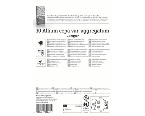Verpackung von 10 Allium cepa var. aggregatum Longor Zwiebeln mit Informationen zu Standort, Anpflanzung und Eigenschaften