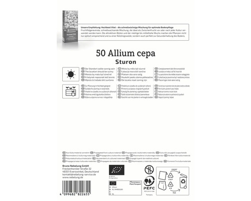 Verpackung mit 50 Allium cepa Sturon Zwiebeln, geeignet für sonnige Standorte und Hochbeete