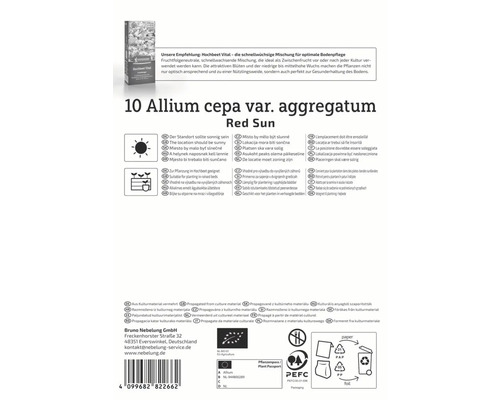 Verpackung der Sorte Red Sun von Allium cepa var. aggregatum mit Informationen zu Standort, Pflanzung und Kulturmaterial