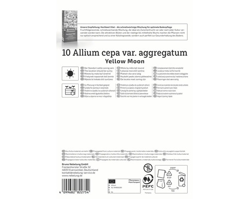 Verpackung von 10 Allium cepa var. aggregatum Yellow Moon Blumenzwiebeln mit Informationen zu Standort, Pflanzung und Vermehrung