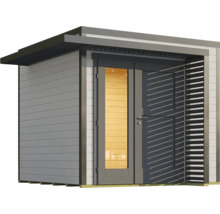 Abri de jardin moderne avec murs en bois, fenêtre et écran d'intimité latéral