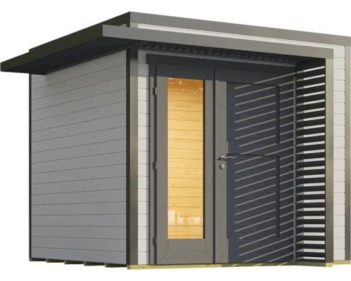 Abri de jardin moderne avec murs en bois, fenêtre et écran d'intimité latéral