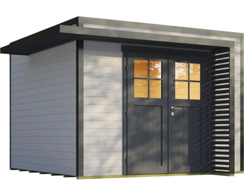 Abri de jardin avec double porte et paroi à lamelles