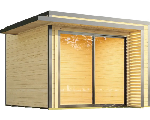 Abri de jardin avec porte coulissante et façade en bois