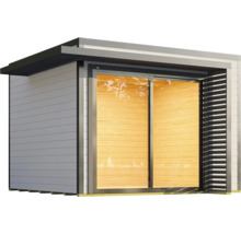 Abri de jardin moderne avec porte coulissante et revêtement en bois