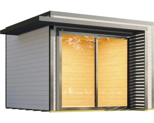 Abri de jardin moderne avec porte coulissante et revêtement en bois