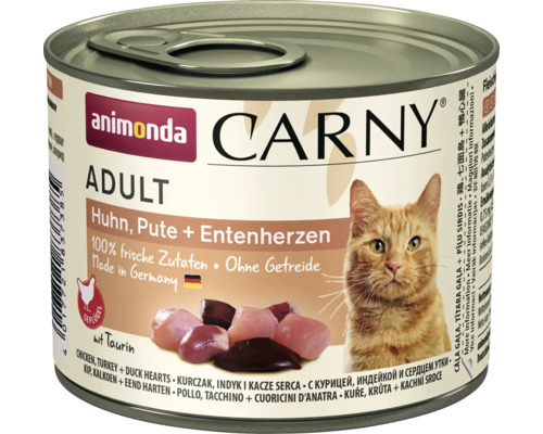 Pâtée pour chat animonda Carny Adult poulet & dinde & cœur de canard 200 g Aliment pour chat Animonda Carny Adult au poulet, à la dinde et aux cœurs de canard en conserve