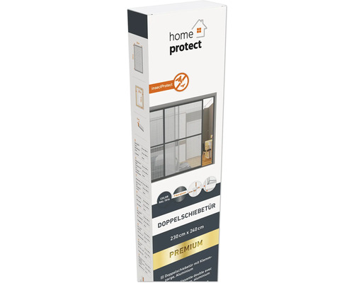 Verpackung einer Insektenschutz-Doppelschiebetür 230 mal 240 Zentimeter mit Aluminiumrahmen von Home Protect