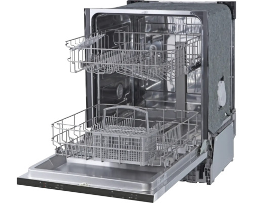 Offener Geschirrspüler mit zwei Körben und Besteckkorb