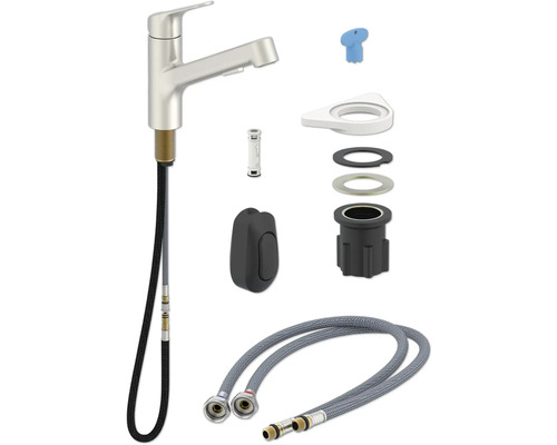 Robinet de cuisine avec accessoires de montage et flexibles de raccordement