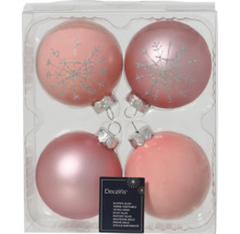 Vier rosa Christbaumkugeln aus Glas, zwei davon mit Schneeflockenmuster