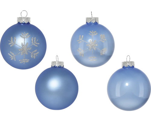 Blaue Weihnachtskugeln mit Schneeflockenmuster