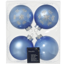 Vier blaue Weihnachtskugeln aus Glas, teilweise mit Schneeflockenmuster, in Verpackung