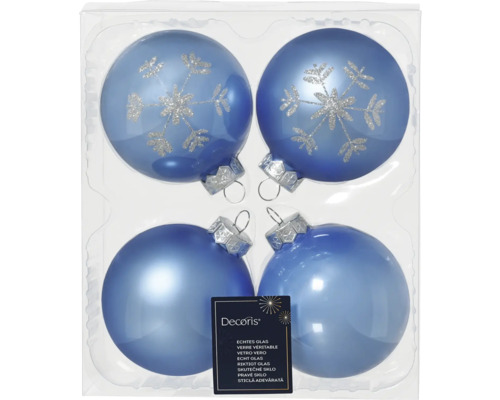 Vier blaue Weihnachtskugeln aus Glas, teilweise mit Schneeflockenmuster, in Verpackung