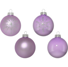 Vier lila Weihnachtskugeln, zwei mit Schneeflockenmuster