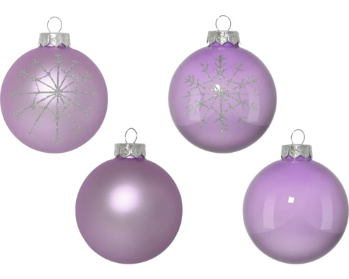Vier lila Weihnachtskugeln, zwei mit Schneeflockenmuster