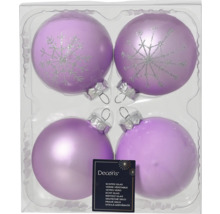 Vier lila Weihnachtskugeln mit Schneeflockenmuster in Kunststoffverpackung