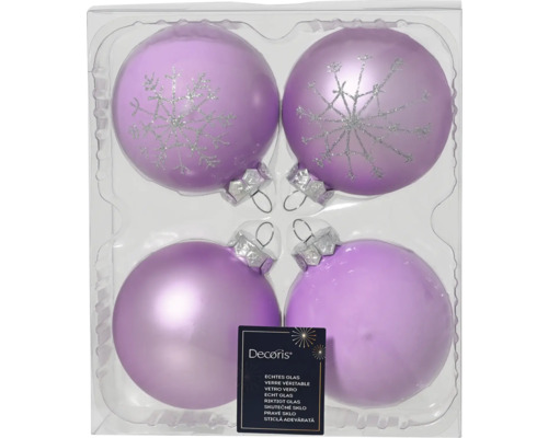 Weihnachtsbaumkugeln Glas Ø 8 cm violett 4 Stück Vier lila Weihnachtskugeln mit Schneeflockenmuster in Kunststoffverpackung