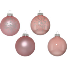 Vier rosafarbene Weihnachtskugeln, einige mit Schneeflockenmuster