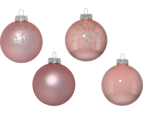 Vier rosafarbene Weihnachtskugeln, einige mit Schneeflockenmuster