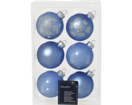 Weihnachtsbaumkugeln Glas Ø 6 cm blau 6 Stück Sechs blaue Weihnachtskugeln aus Glas, einige mit Schneeflockenmuster, in einer transparenten Verpackung
