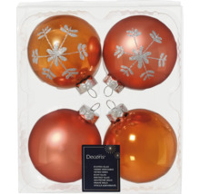 Vierfarbige Weihnachtskugeln aus Glas mit Schneeflockenmuster