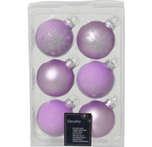 Sechs lila Glas Weihnachtskugeln mit Schneeflockenmuster in einer Verpackung