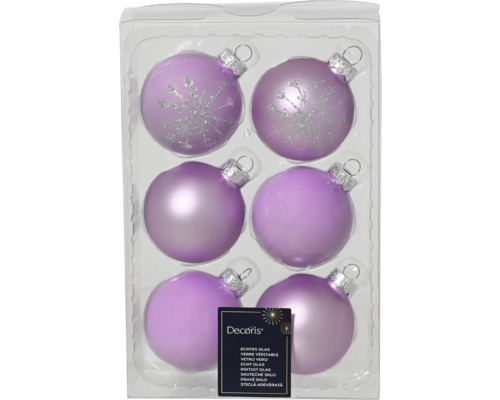 Weihnachtsbaumkugeln Glas Ø 6 cm violett 6 Stück Sechs lila Glas Weihnachtskugeln mit Schneeflockenmuster in einer Verpackung