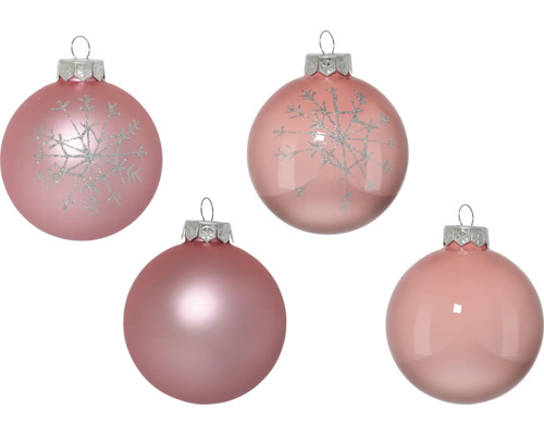 Vier Christbaumkugeln mit und ohne Schneeflockenmuster