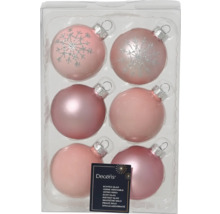 Packung mit sechs rosa Weihnachtskugeln aus Glas mit Schneeflockenmuster