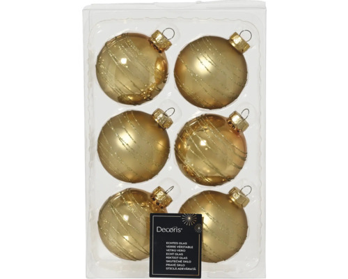 Sechs Christbaumkugeln aus Glas mit Dekor im Karton