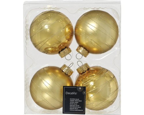 Weihnachtsbaumkugeln Glas Ø 8 cm gold 4 Stück Vier goldene Weihnachtskugeln mit Glitzerstreifen im Set