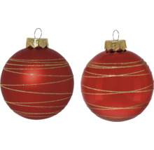 Deux boules de Noël rouges avec des rayures dorées