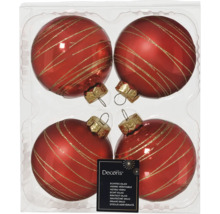 Quatre boules de Noël rouges en verre avec des rayures dorées dans un emballage.