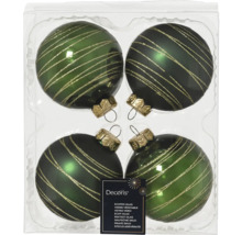 Vier grüne Christbaumkugeln aus Glas mit goldenen Streifen im Set